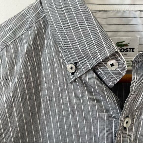 Lacoste Devanlay Grey White Pinstripe Slim Fit Cotton Long Sleeve Dress Shirt - Picture 8 of 9